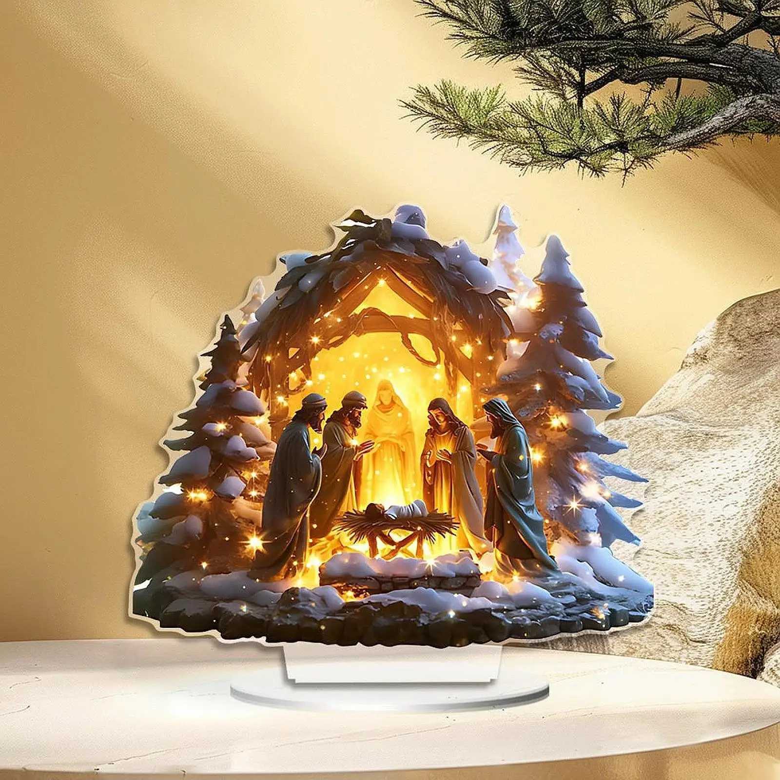 Christmas Nativity Scene Figurine Acrylic Statue Religious Gift Collectible Centerpiece Holy Family Table Ornament for Shelf H251129