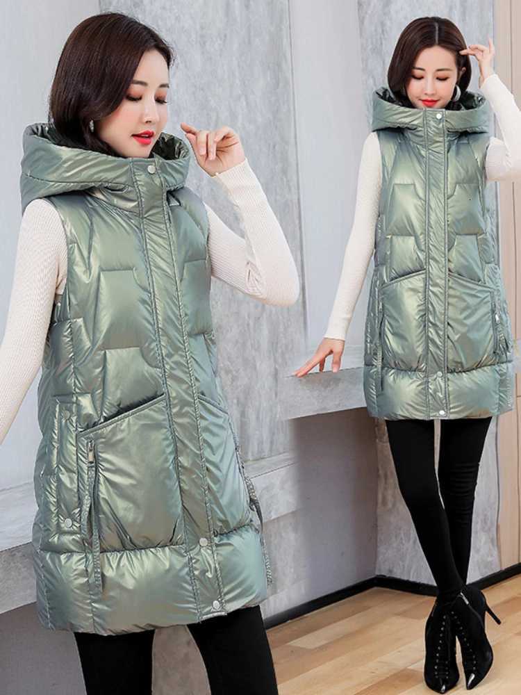 Winter New Mid-length Bright Vests Women Hooded Thick Warm Cotton Padded Sleeveless Waistcoat Coat Female Jackets Parkas VestT251129