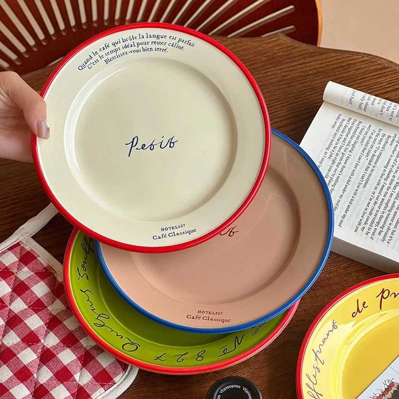 Luxury Korean Letter Printing Ceramic Plate Coffee Shop Dessert Cake Breakfast Plates Household Lunch Western Food Disc Y251129