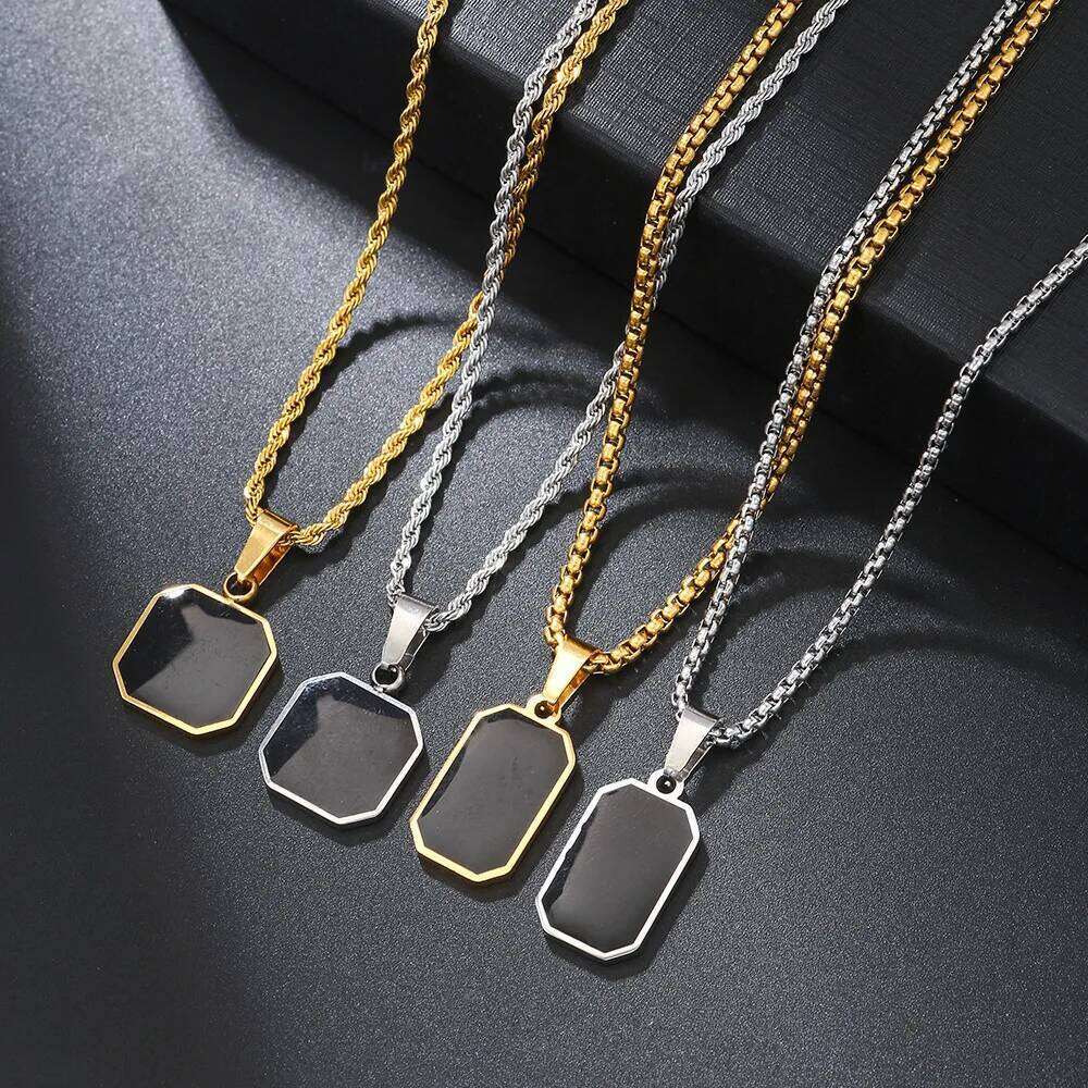 Stylish Men's Black Enamel Necklaces, Stainless Steel Square Pendant Necklace,Minimalist Male Collar Jewelry Gift C251129