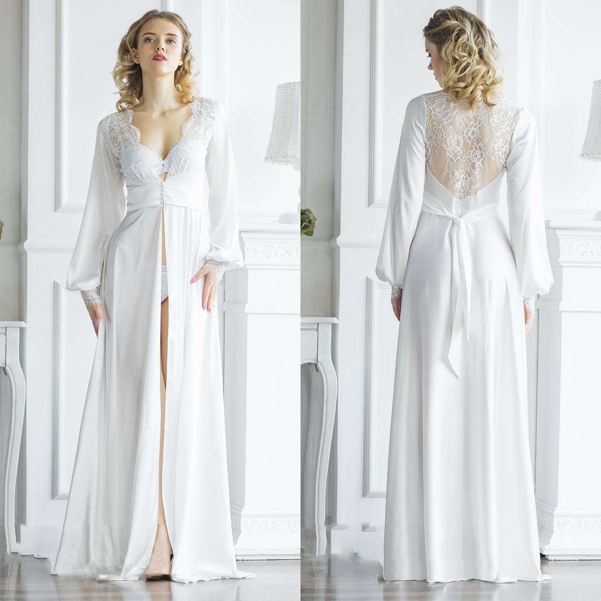 Elegant Women Robe Bridal Nightgown V-Neck Long sleeve Appliques Bridesmaid Pajamas Dressing Shower Gown for Photography Custom Made
