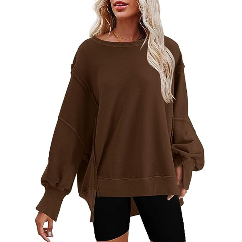 womens clothing autumn winter new womens oversized round neck sports shirt with side slit long sleeved hoodie for women