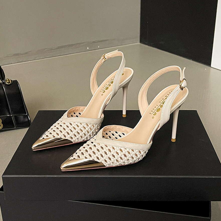 Fashion Hollow Woven Designer Shoe Heel Sandals for Women Pointed Toe One-Strap sling back Heels