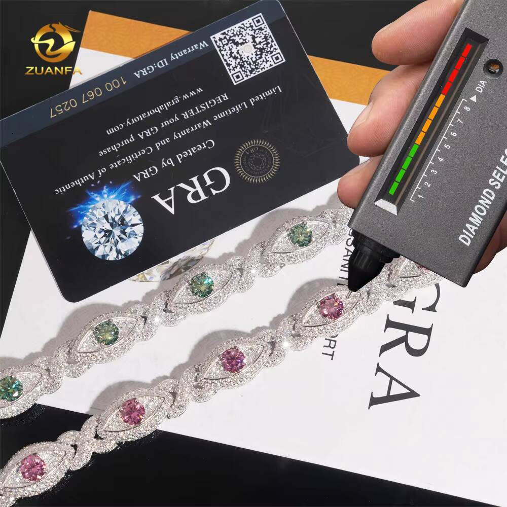 12MM Hip Hop Jewelry Iced Out Men Cuban Bracelet Evil Eye 925 Silver Color Moissanite Bracelet Spring Box Lock Pass Diamond Test