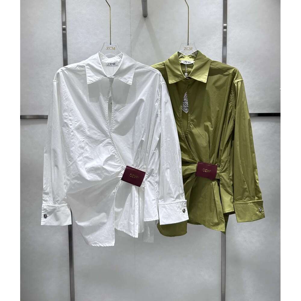 25 Spring And Summer New Long Sleeve Waist Shirt Women Irregular Lacing Leather Label Design Slim Temperament Blouse