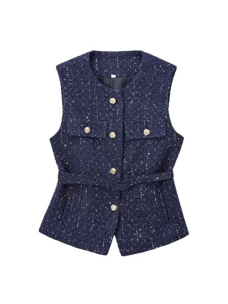 Womens Tweed Waistcoat with Belt O Neck Sleeveless Front Button Female Outerwear Chic Tops FashionT251129