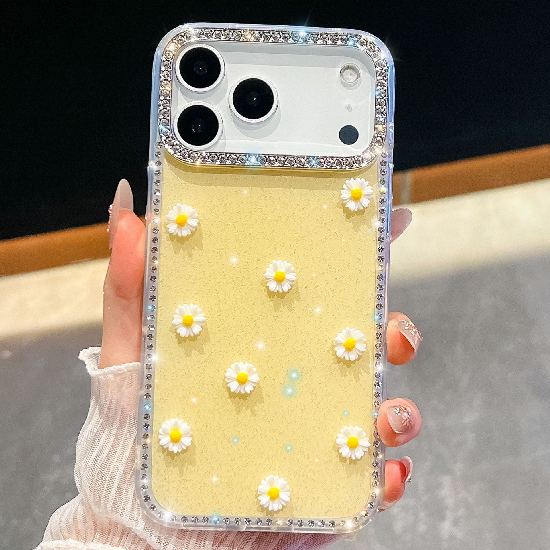 Small Daisy Phone Case iPhone 17 Pro Max Luxurious Sparkling Compatible Diamond Glitter Transparent Case with Apple 16/15/14 Pro