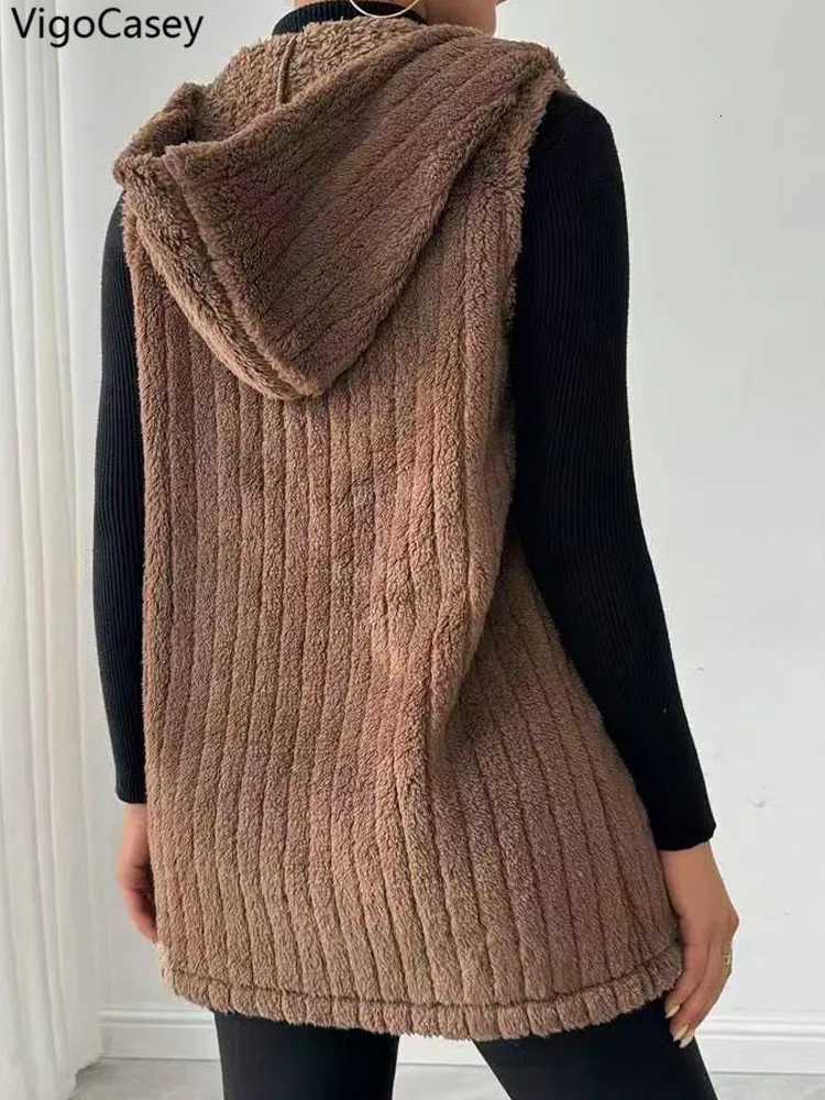 VigoCasey 2025 Autumn Winter Brown Long Thick Vest Coat Woman Sleeveless Plush Warm Waistcoat Lady Hooded Casual Vest JacketT251129