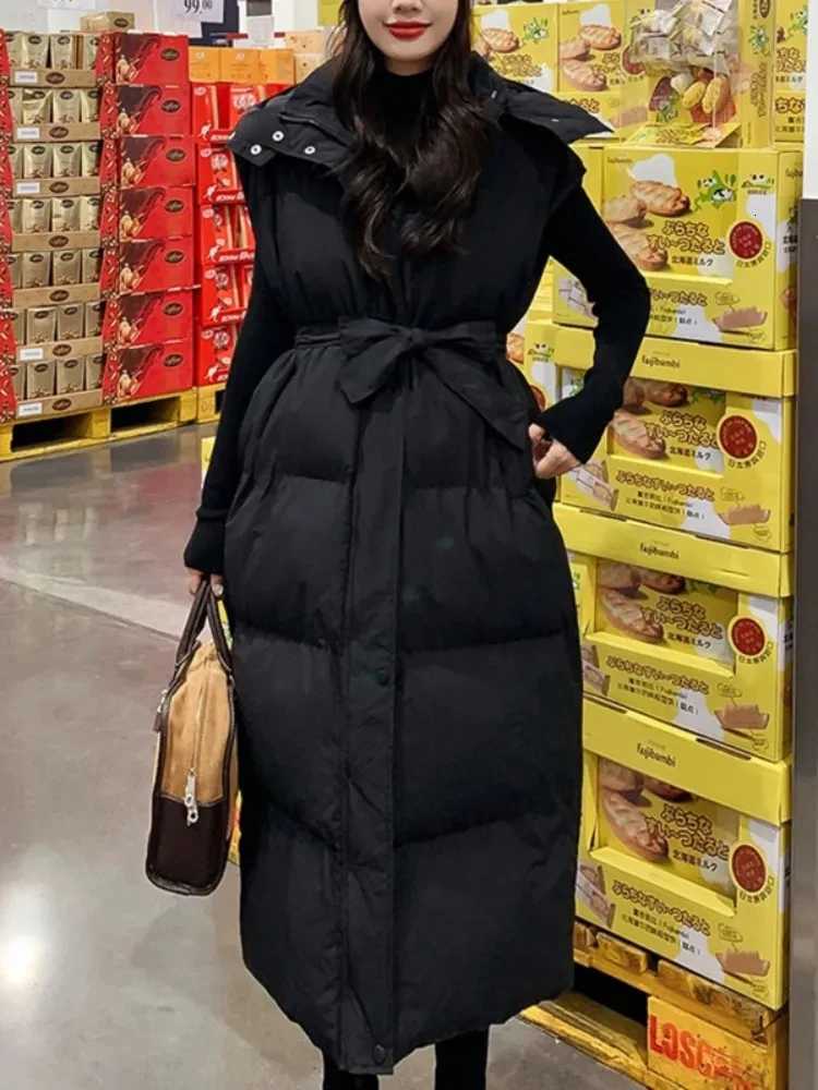 2025 Down Cotton Long Waistcoat Women Vest Jackets Warm Elegance Coats Winter Women Korean Lace-up Sleeveless Puffer JacketT251129