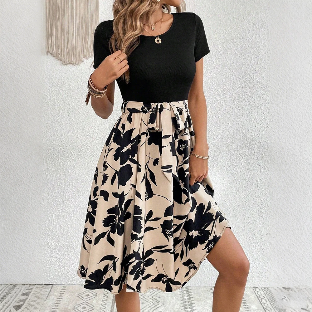 Dresses Summer Elegant Simple Patchwork Floral Print Short Sleeve Round Neck Casual Dresses For Women