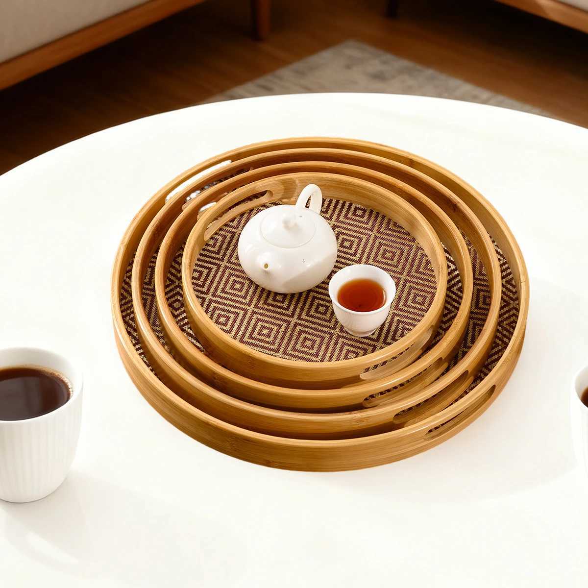 Bamboo Round Tray 158 Handles - Multi-Purpose Home Kitchen Beverage Storage Restaurant Platter Y251129