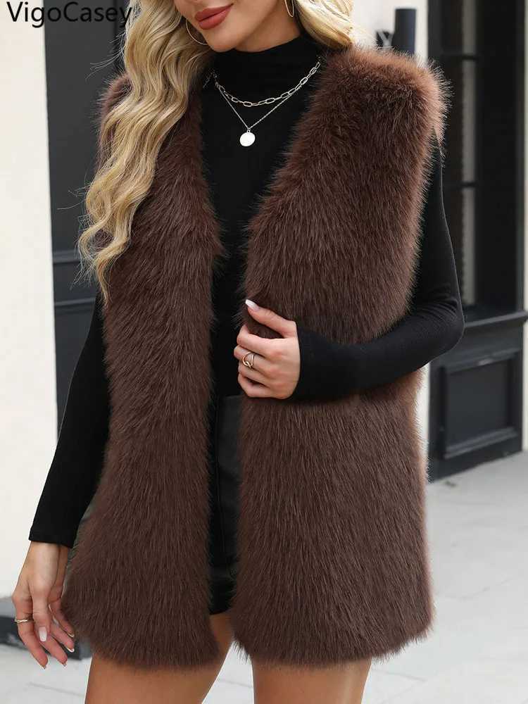 VigoCasey 2025 Autumn Winter Casual Thick Faux Fur Vest Coat Woman Sleeveless Plush Warm Waistcoat Lady Brown Fluffy Vest JacketT251129