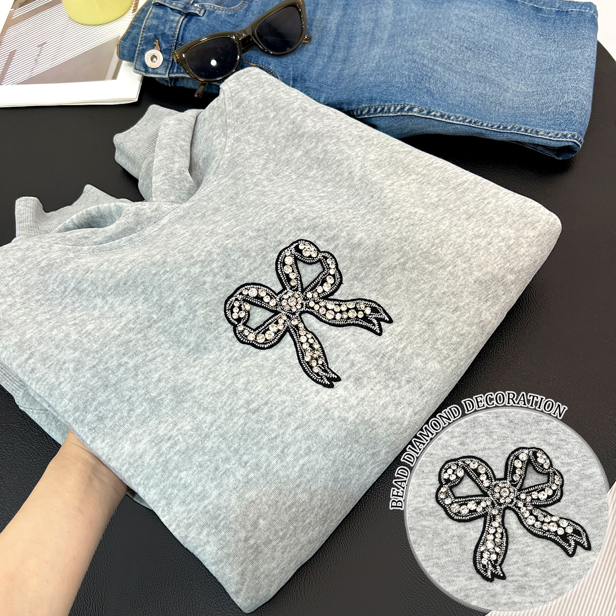 Women's Grey Rhinestone Hoodie: Young Fashion Style, Casual Comfortable Pullover with Bow Embellishment, Loose-Fit Hooded Sweatshirt for Daily We