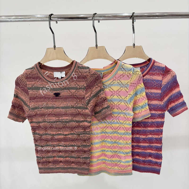 Luxury designer Women's T-Shirt mirror quality 25 Summer Thin Knitted Sweater Striped Sweater Hollow out Style Versatile Rainbow New Women's Knits & Tees