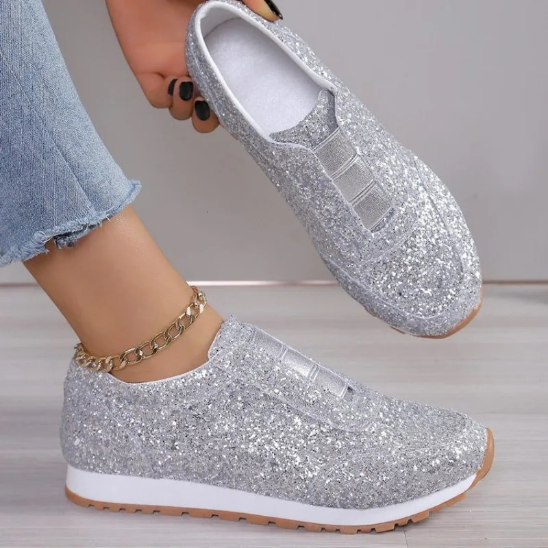 Autumn Fashion Slip-on Low-heeled Womens Sneakers Gold Silver Trend Sport Shoes Ladies Outdoor Casual Walking Shoes 251128