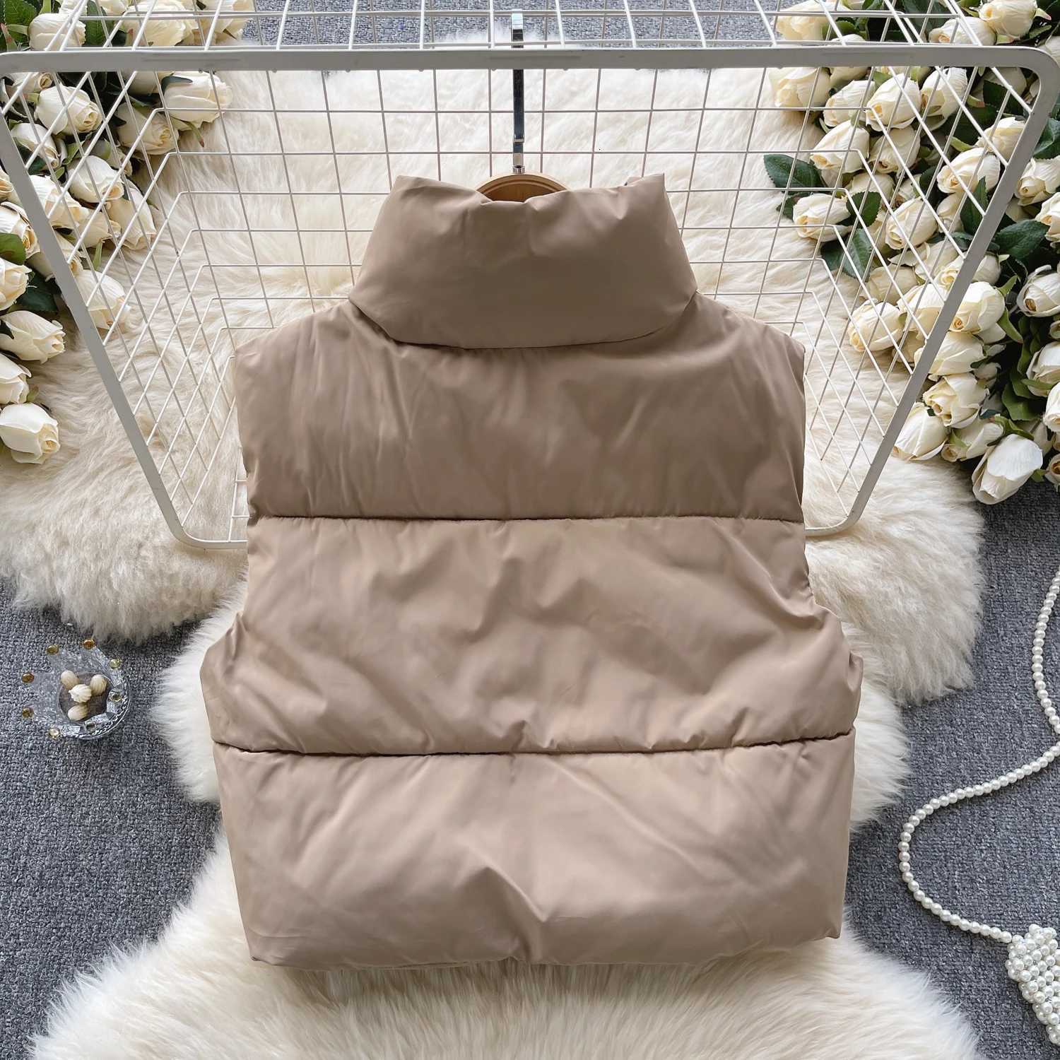 Womens Vest Autumn Winter New Simple Versatile Stand Collar Zipper Drawstring Slim Waistcoat Thickened Warm Cotton CoatT251129