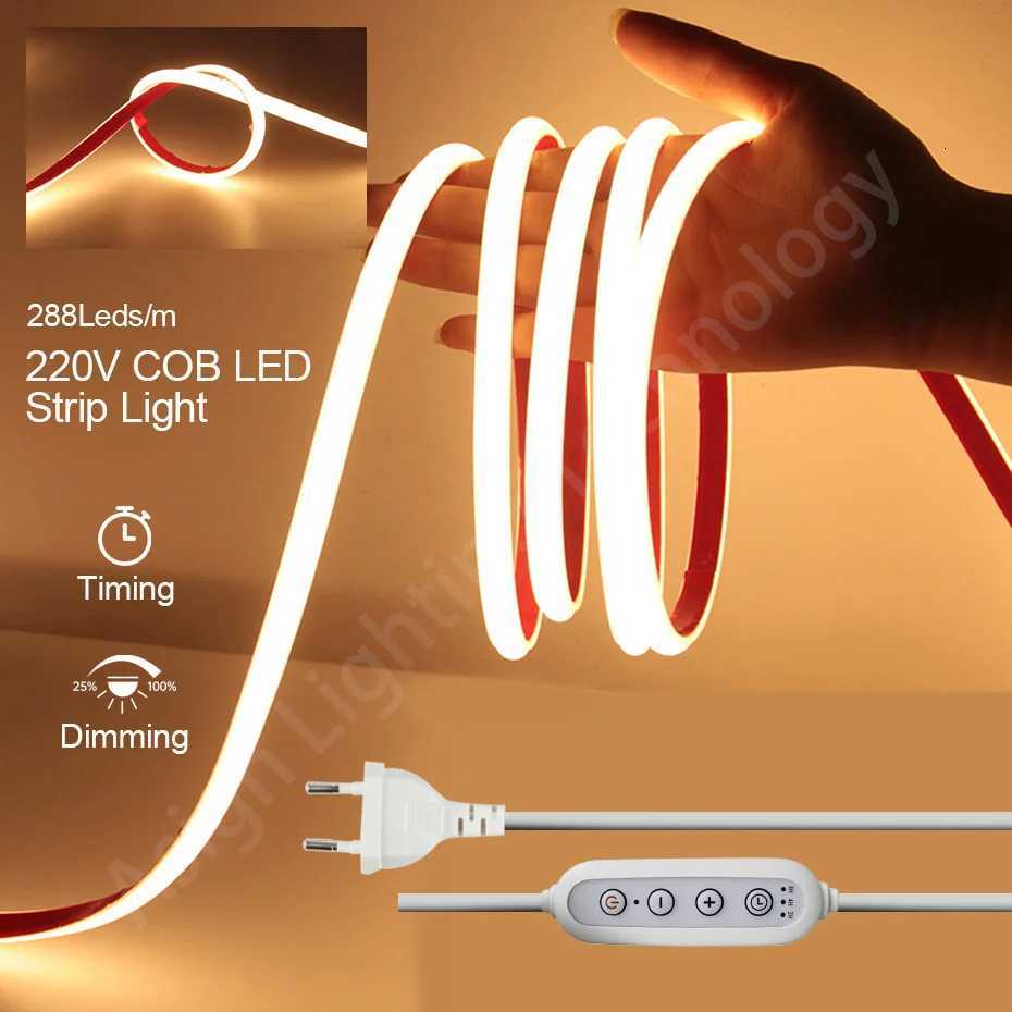 Self-adhesive 220V COB LED Strip 288LEDs/m IP65 Waterproof 1m-25m Length with Timing Dimming Switch EU/AU/UK Plug for Lighting M251129