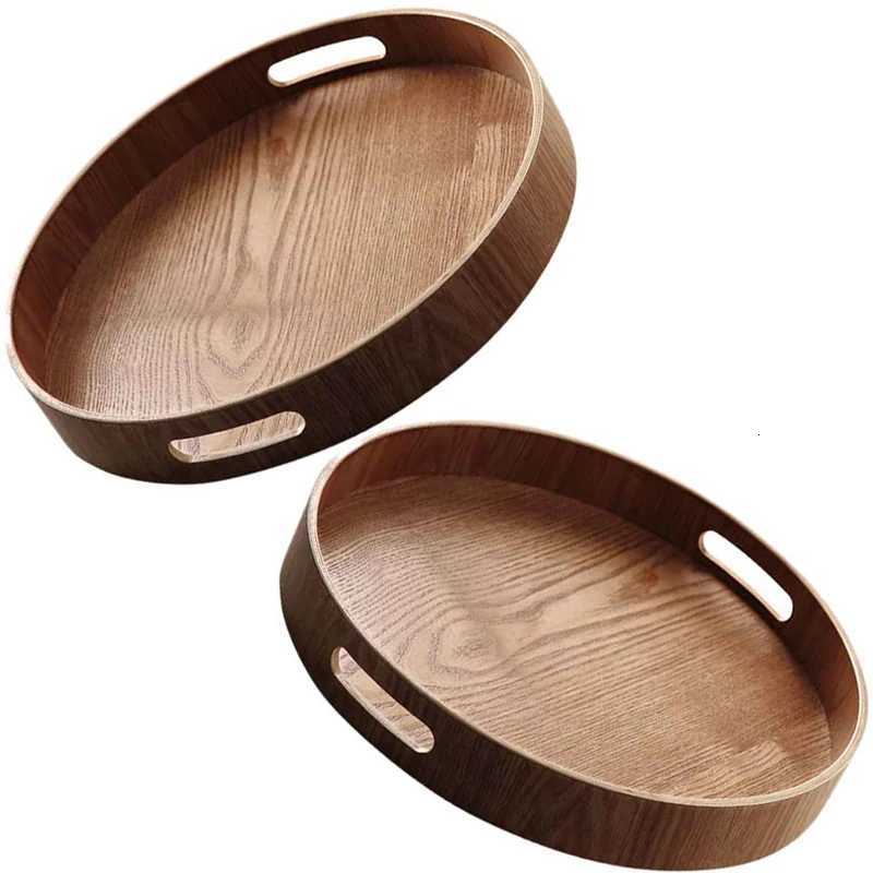 2x Round Serving Bamboo Wooden Tray for Dinner Trays Tea Bar Breakfast Food Container Handle Storage Tray 3 1 Y251129