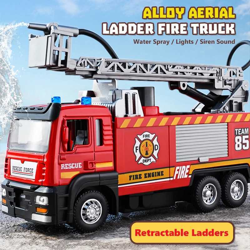 1/50 RC Sprinkler Fire Truck Diecast Alloy Toy With Light Music Water Simulation Spray Ladder Rescue Car Kids Toy Christmas Gift J251129