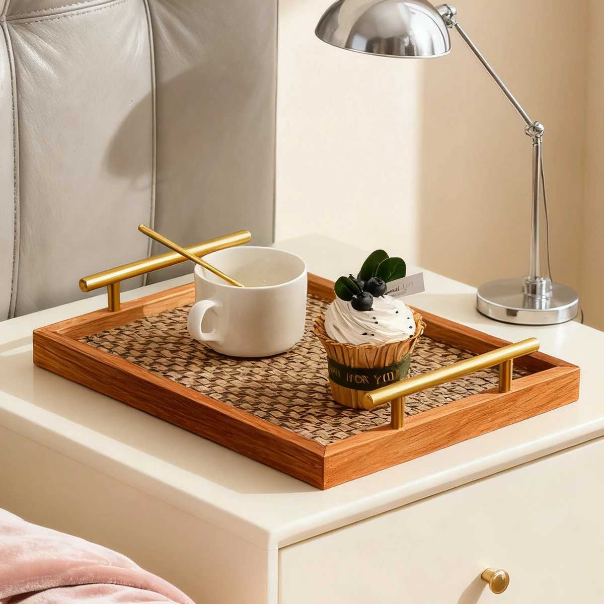 Luxury Gold Handle Wood Tray - Bohemian Rectangular Woven Rattan Bottom for Coffee/Bedroom/Jewelry/Kitchen Y251129