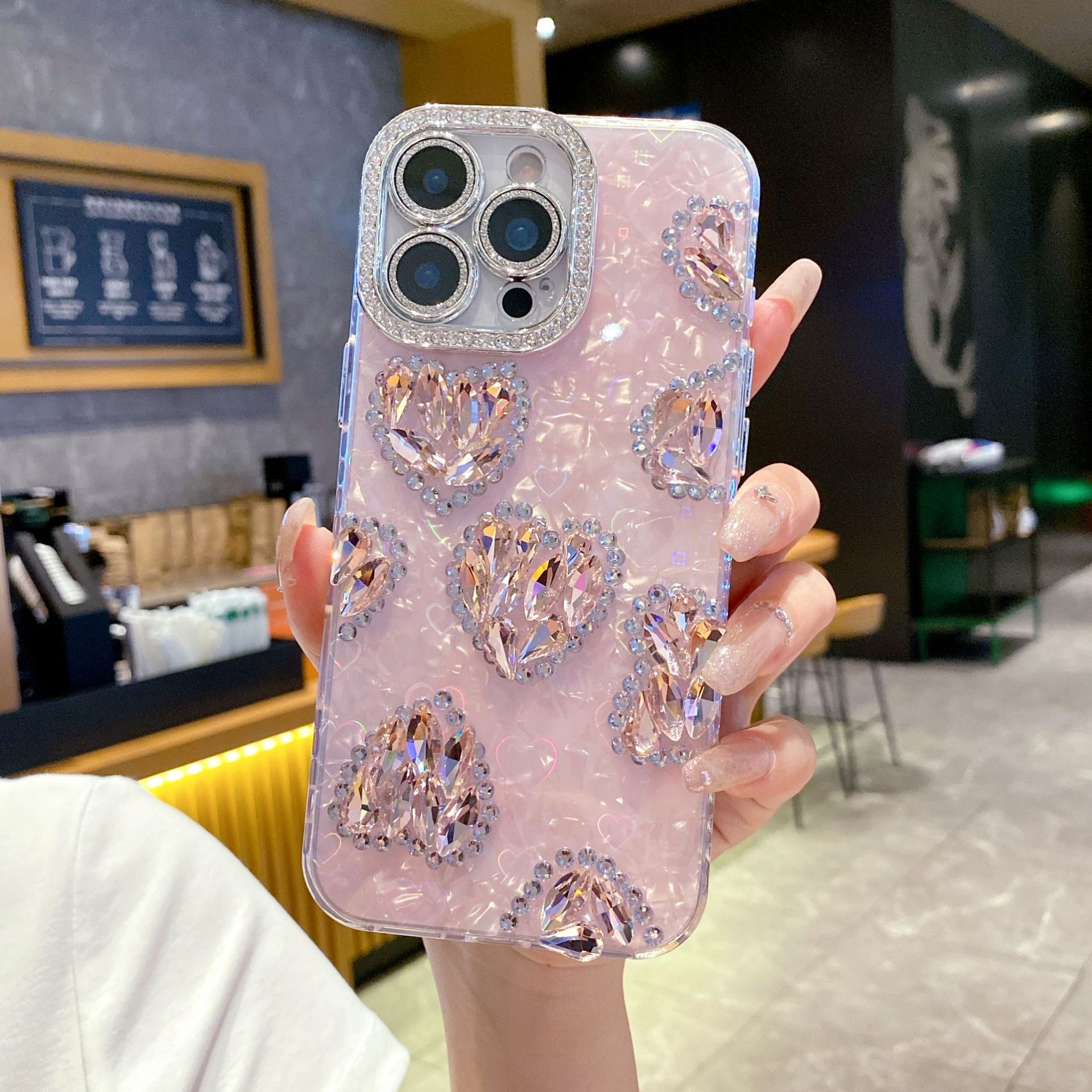 Pink Heart Diamond Phone Case iPhone 17 Pro Max Compatible with Apple 16/15 Plus Protective Case