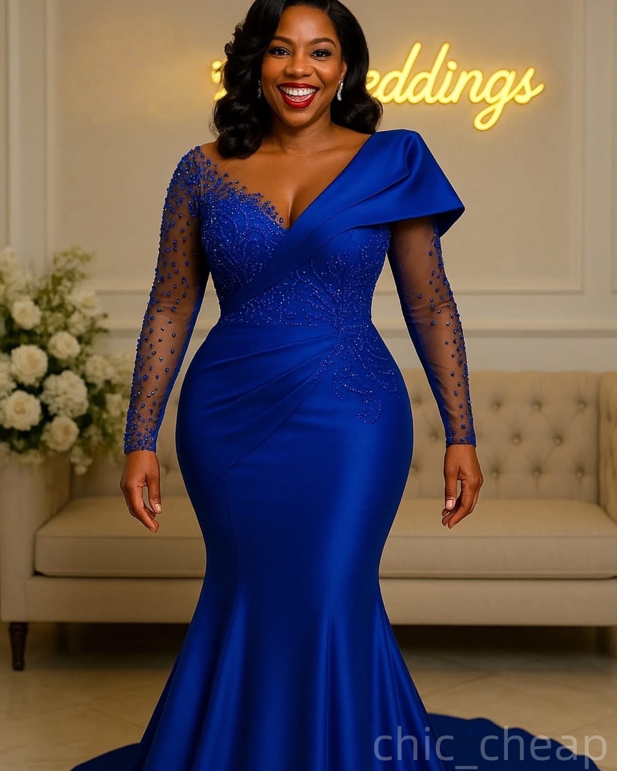 Simple Mermaid Plus Size Prom Dresses 2025 Lace Beaded Satin Full Sleeves Evening Formal Party Second Birthday Engagement Gowns Dress For Special Occa