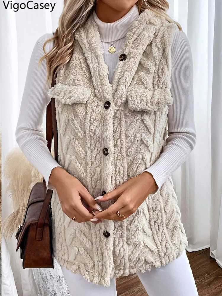VigoCasey 2025 Apricot Sleeveless Vest Coat Woman Single-breasted Warm Plush Waistcoat Lady Autumn Winter Hooded Vest JacketT251129