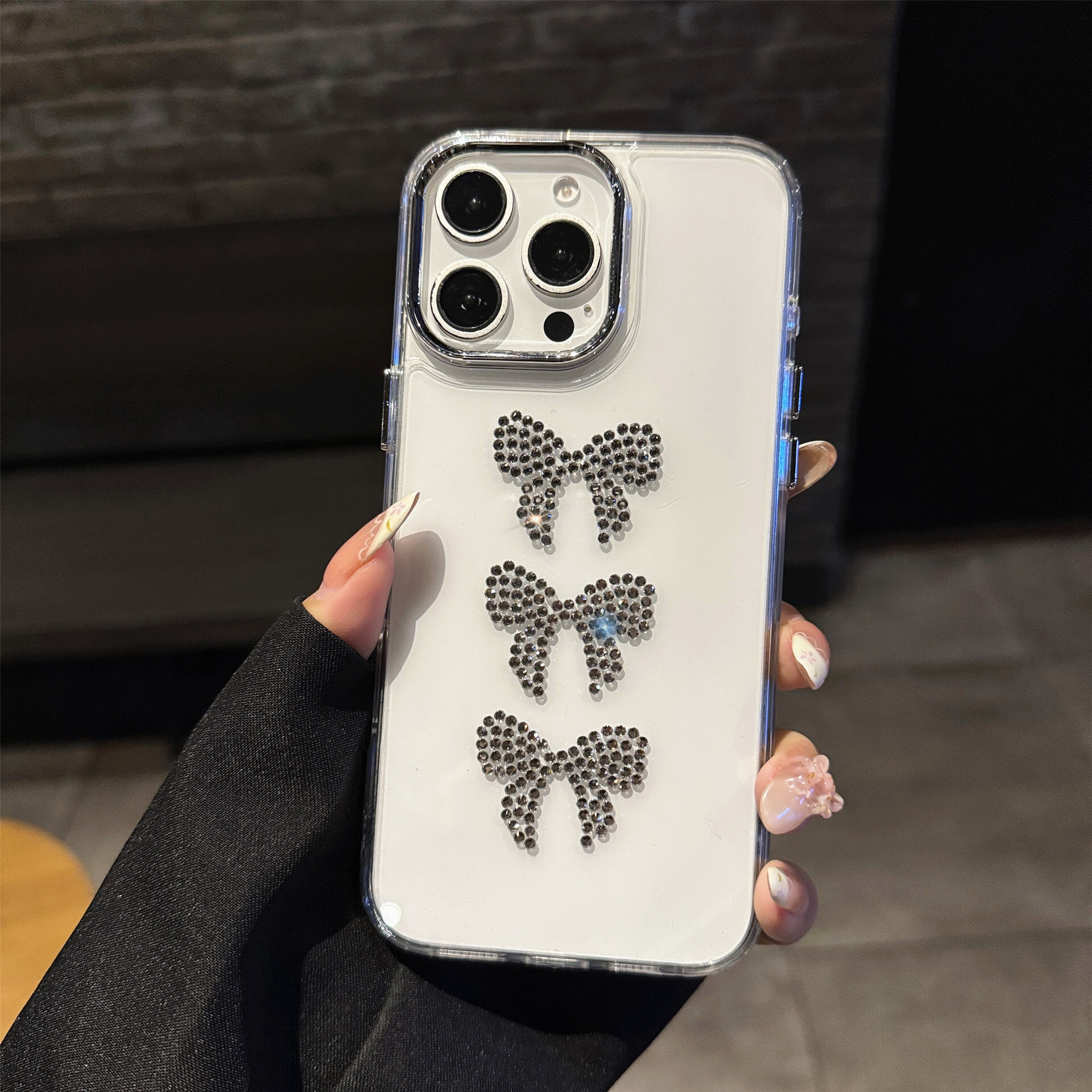 Bow Transparent Phone Case iPhone 16 Pro Max Compatible with Apple 15/14/13 Pro Rhinestone Hard