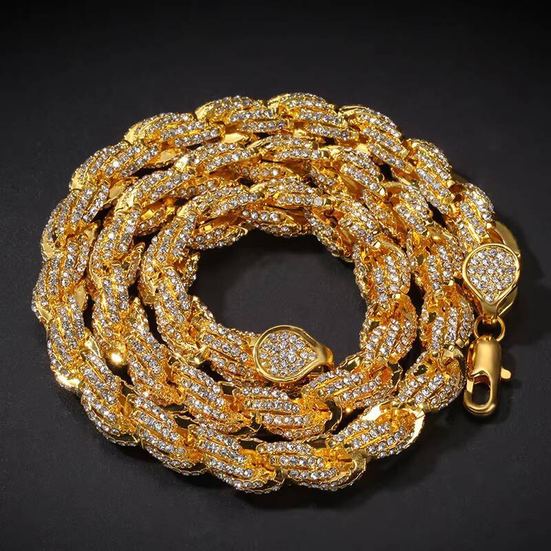 Rope Link Chain Mens 9mm Zinc Alloy Rhinestone Rope Chain Twisted Icd Out Full Diamond Rope Chain Necklace