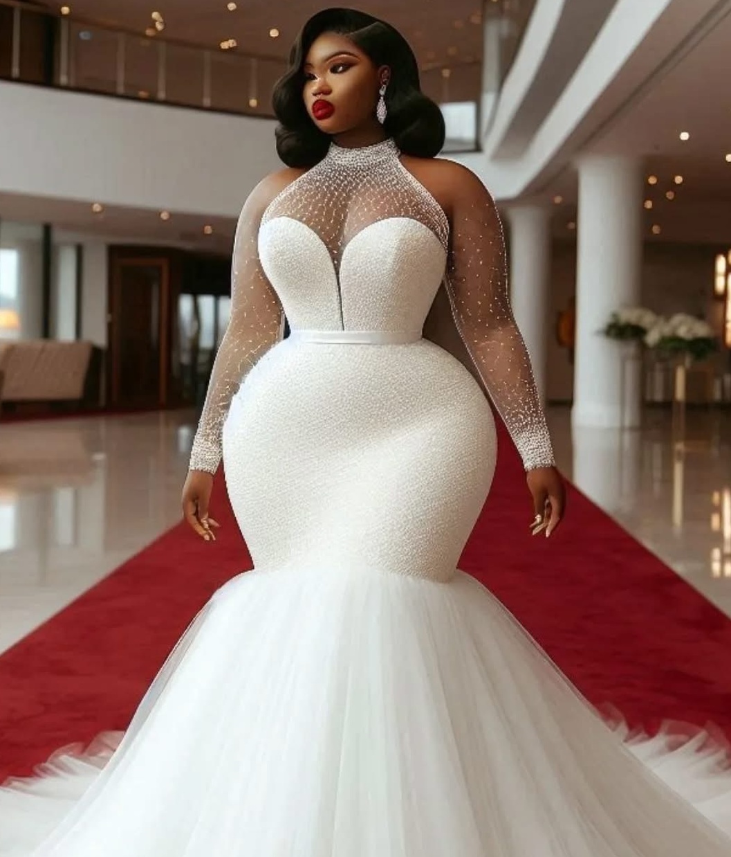 2025 Oversize Aso Ebi Plus Size Ivory Wedding Dress Pearls Sequined Full Sleeves Tulle Elegant Bridal Gowns Dresses ZJ059