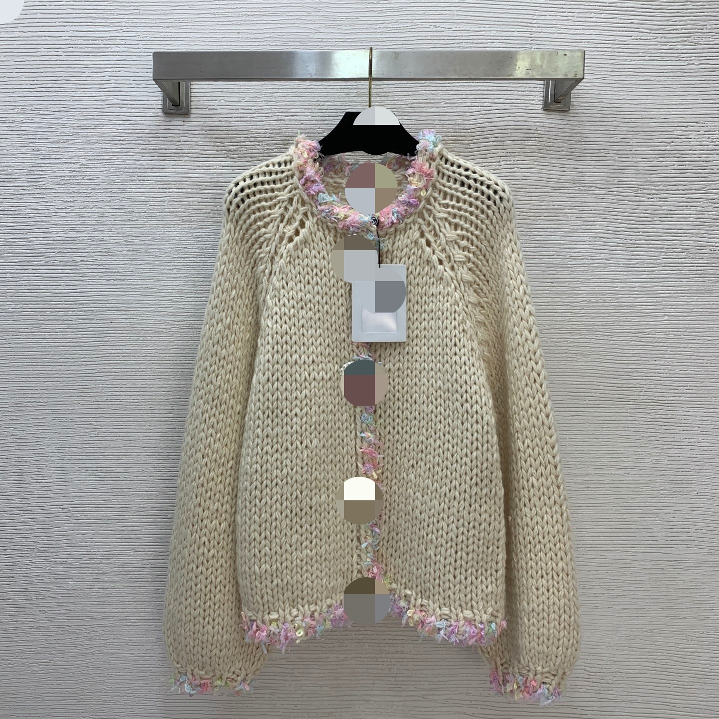 2025 New winter collection - chunky yarn knit with colorful lace trim for a loose and fashionable wide-sleeved knitted cardigan! Ivory color G25112842