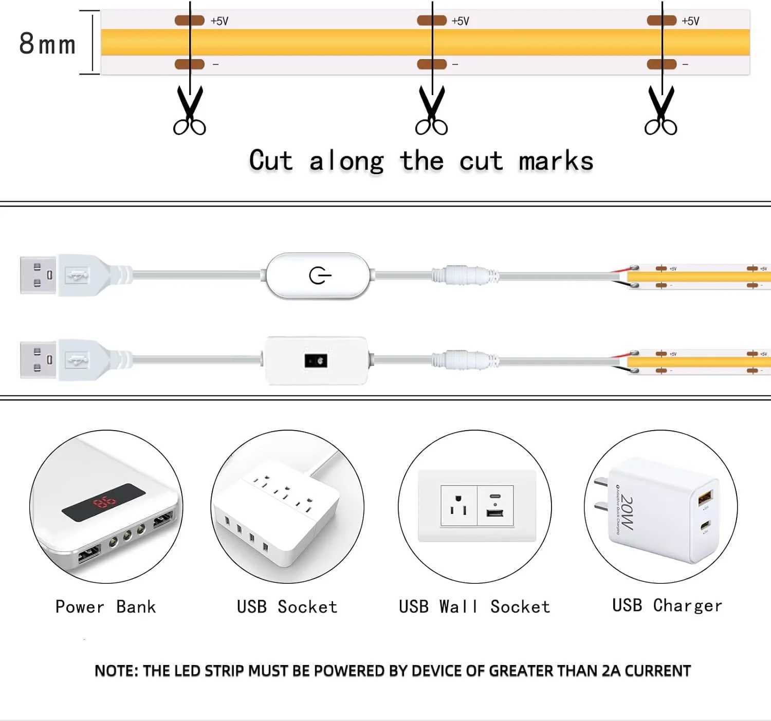 1M-5M USB LED Strip Light 5V 320LEDs/M COB Touch Sensor Dimmable Lamp Tape DIY TV Mirror Backlight Kitchen Room Night Lighting M251129