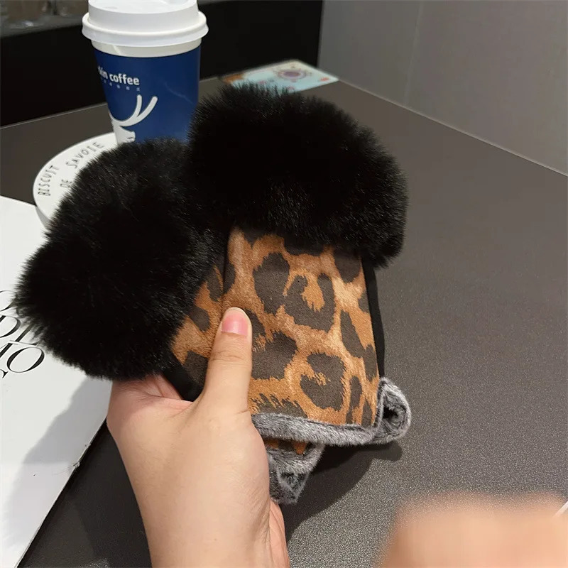 Fashion Leopard Print Suede Leather Rabbit Fur Wrist Plush Gloves Women Winter Thicken coldproofOutdoor Cycling Half Finger Warm 251228 - view 5