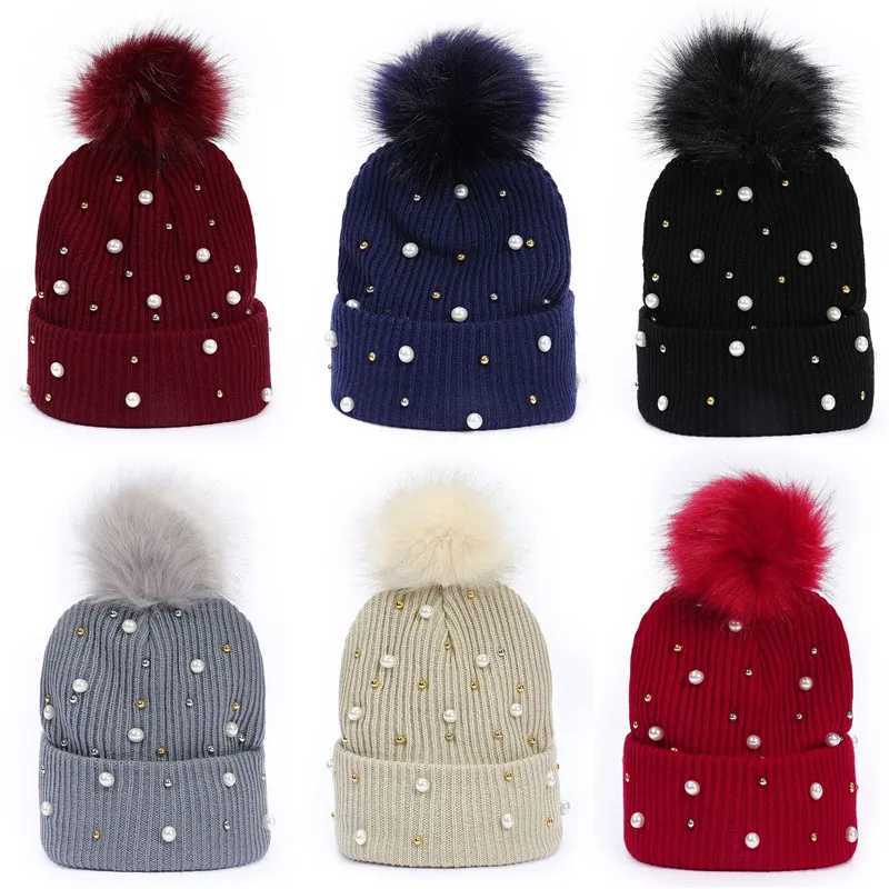 Rhinestone beading knitted beanie hat with pompom Winter Women ladies warm thickened cap Windproof riding Skullies gorrosXJ251129