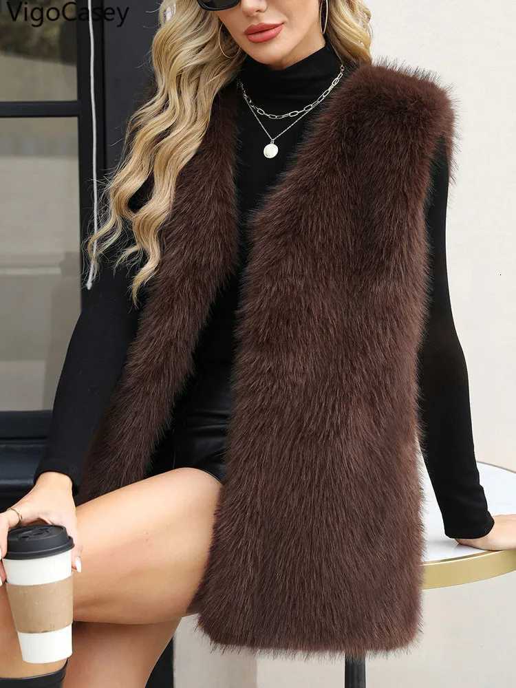 VigoCasey 2025 Autumn Winter Casual Thick Faux Fur Vest Coat Woman Sleeveless Plush Warm Waistcoat Lady Brown Fluffy Vest JacketT251129
