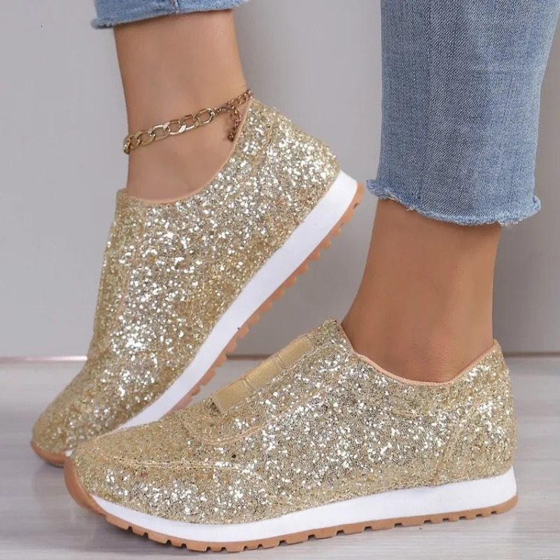 Autumn Fashion Slip-on Low-heeled Womens Sneakers Gold Silver Trend Sport Shoes Ladies Outdoor Casual Walking Shoes 251128