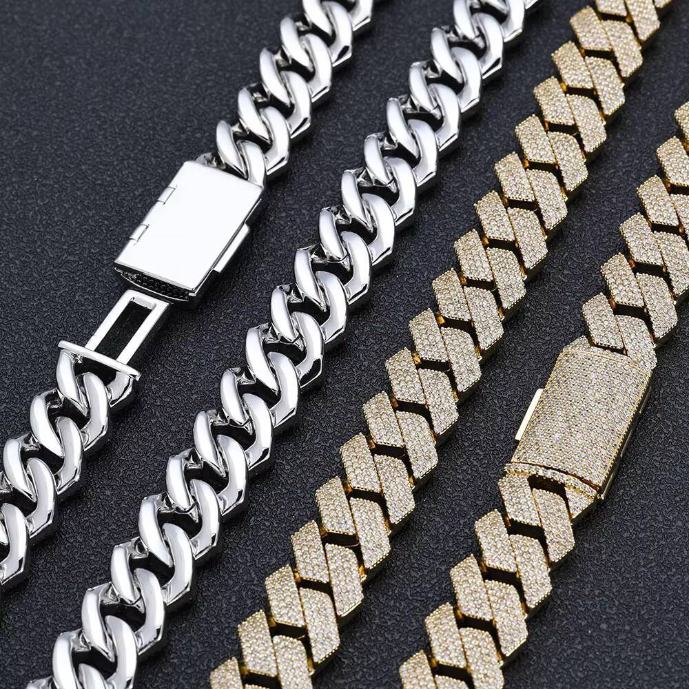 Eskeem Hip Hop Jewelry 15mm 4 Rows Iced Out CZ Stone Prong Cuban Chain Necklace Silver Plated Prong Miami Cuban Link Chain