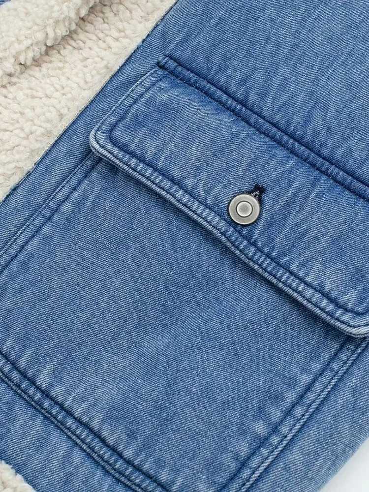 Womens Fashion Faux Lambswool Vest 2024 Fall and Winter Denim Lapel Sleeveless Pocket Thickened Warm Fleece Vest JacketT251129