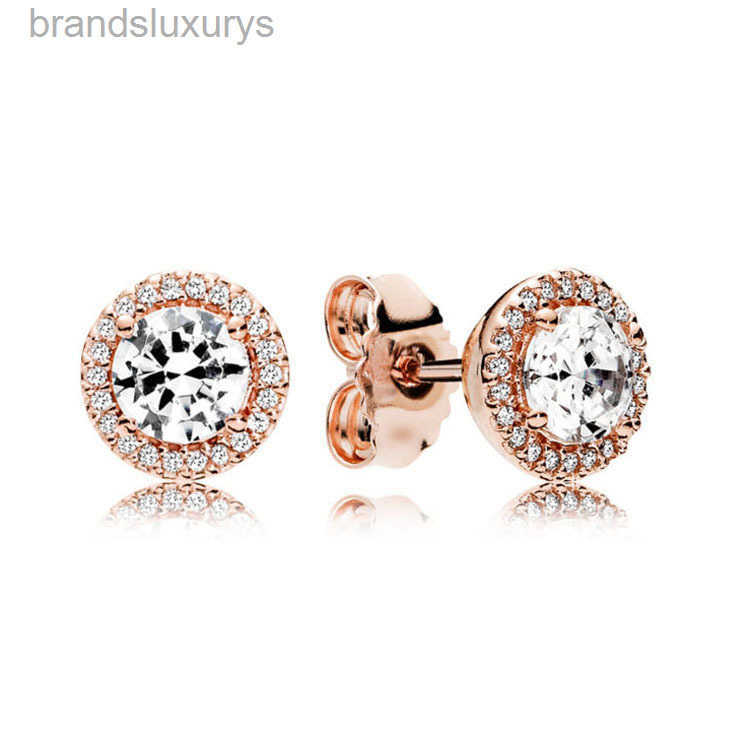 Rose Gold Round Sparkle Halo Stud Earrings for Pandora Authentic Sterling Silver Hip Hop Party Jewelry For Women Men Girlfriend Gift Earring Set with Original Box