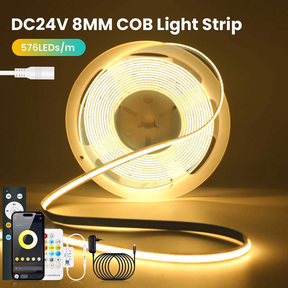 Dimmable CCT 576LEDs/m COB LED Strip Light Bluetooth Control 24V 2700K 4000K 5000K 6000K Power Kit for Home RA90 Linear Lighting M251129