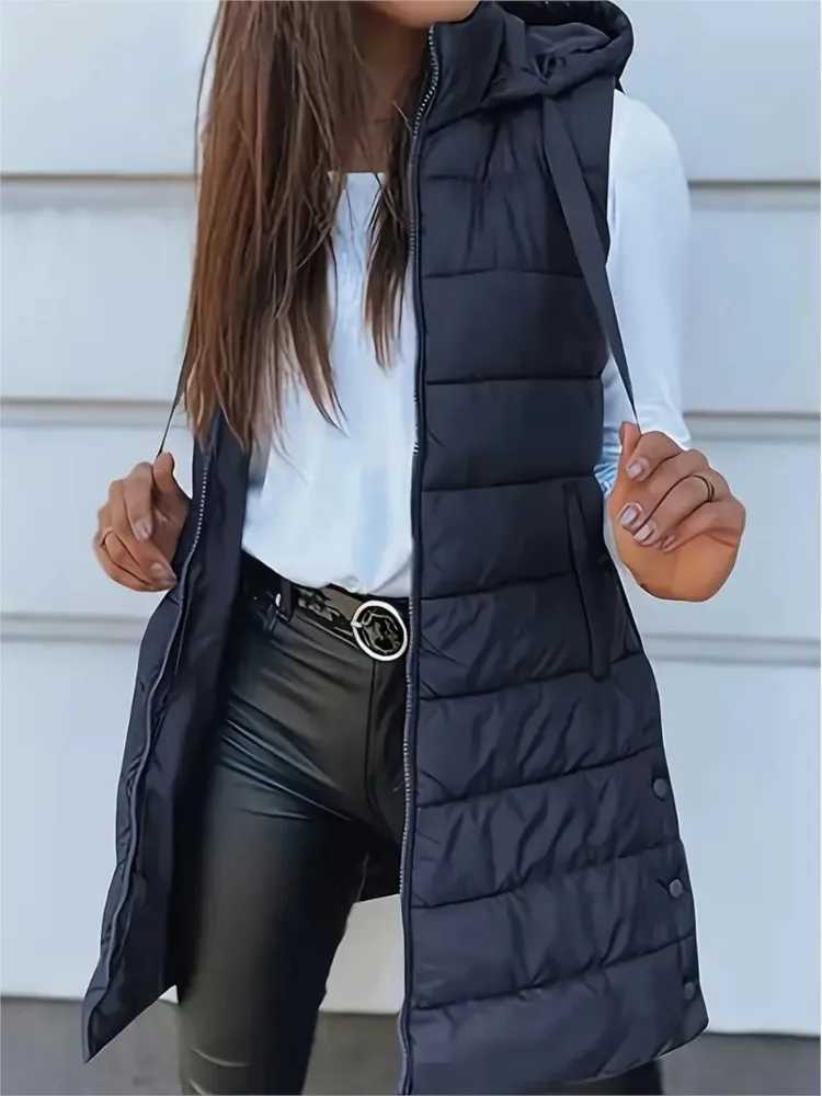 Casual Solid Color Hooded Zipper Vest Jacket For Womens Autumn Winter With Cotton Patchwork Slit Warmth Thickened Female VestT251129