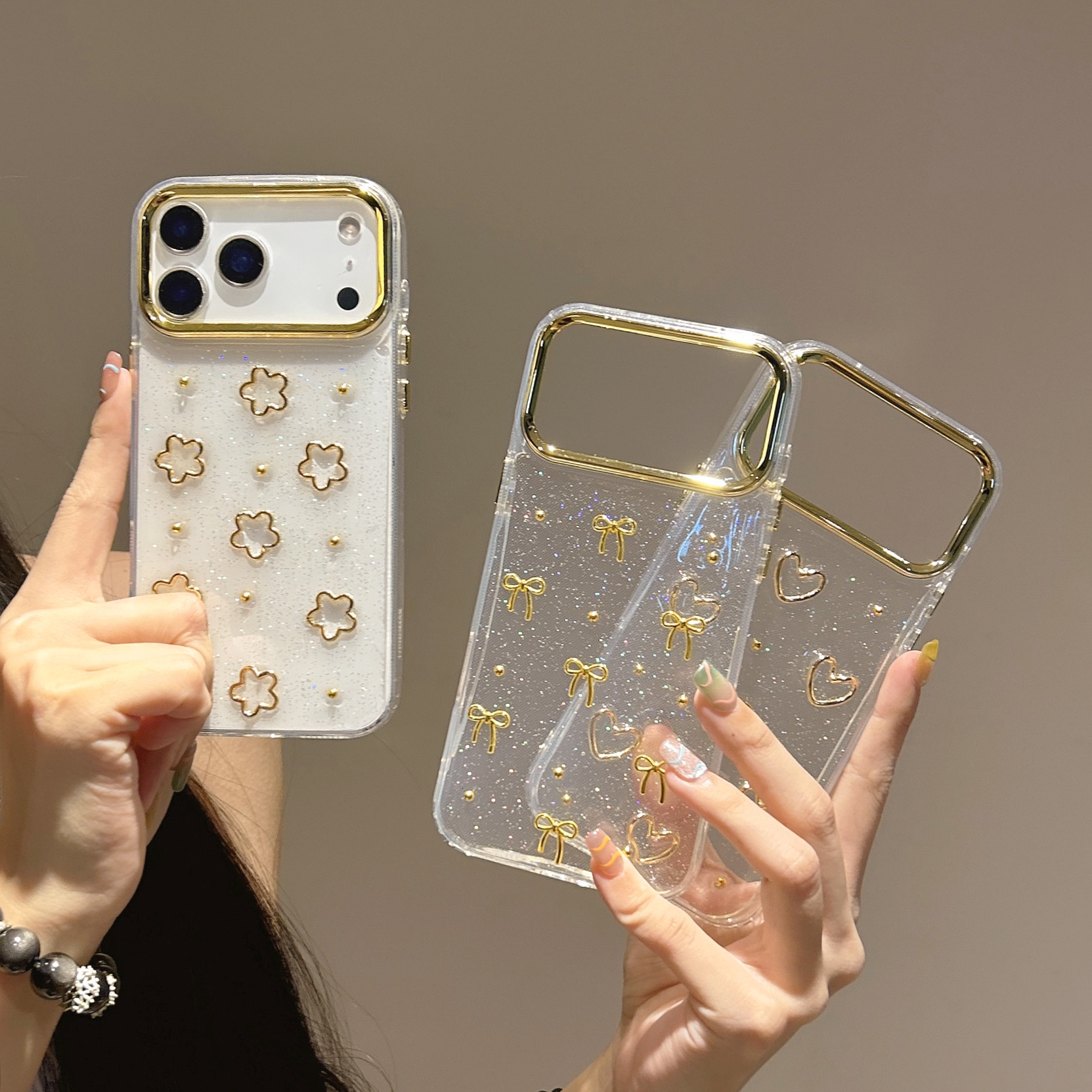 Flower Heart Bow Phone Case Compatible with iPhone 17 Pro Max Gold Bead Transparent Case Apple 16/15 Pro