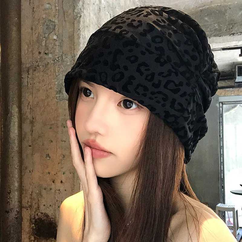 American Leopard Print Pullover Short Brim Stacking Hat Womens Spring and Summer Personality Big Head Thin Skull Beanie CapXJ251129
