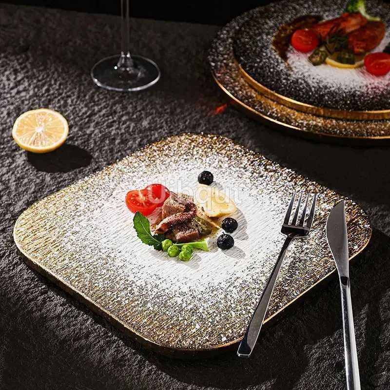 Luxury Golden Frosted Western-style Square Round Ceramic Flat steak Plate Kitchen Supplies Table Main Course Decorative Plate Cake Tray Y251129