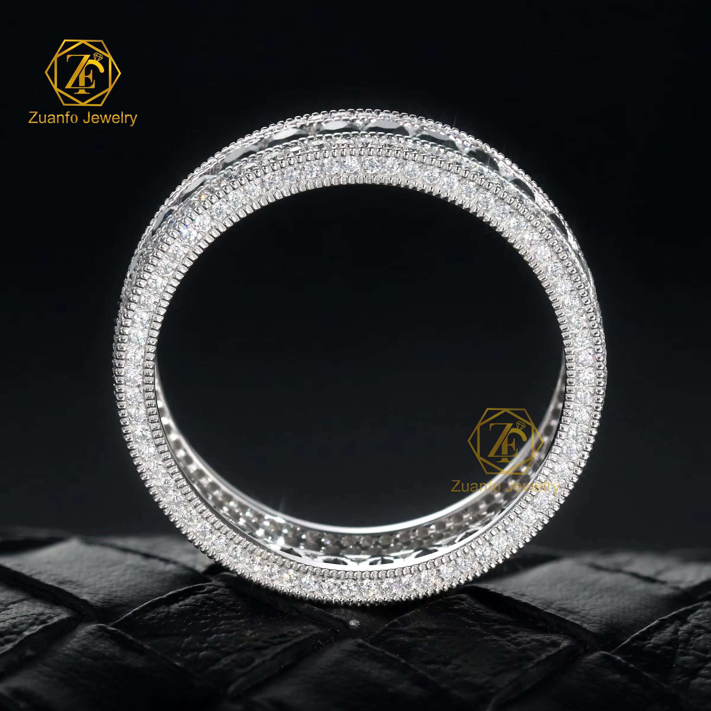 Customized 14K White Gold Hiphop Eternity Band Ring VVS Cut Moissanite Diamond Available in White and Black Colors