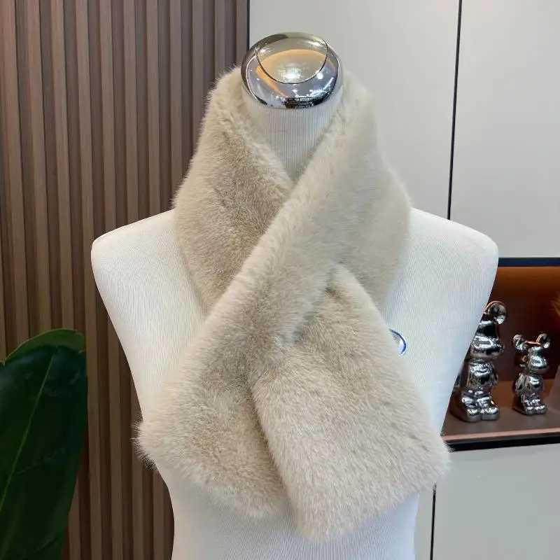 Women Winter Warm Thicken Cross Collar Scarf Imitation Faux Rabbit Fur Scarf Solid Furry Neck Warmer Cold Proof ScarvesJ251129