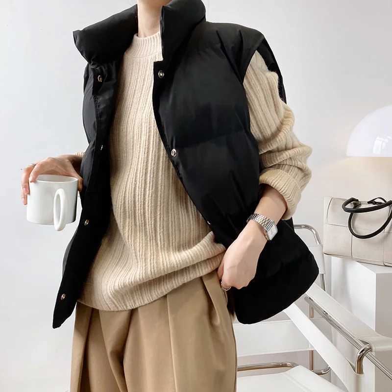 Stand Neck Puffer Cotton Vest Beige Black Autumn Winter Loose Vest Women JacketT251129