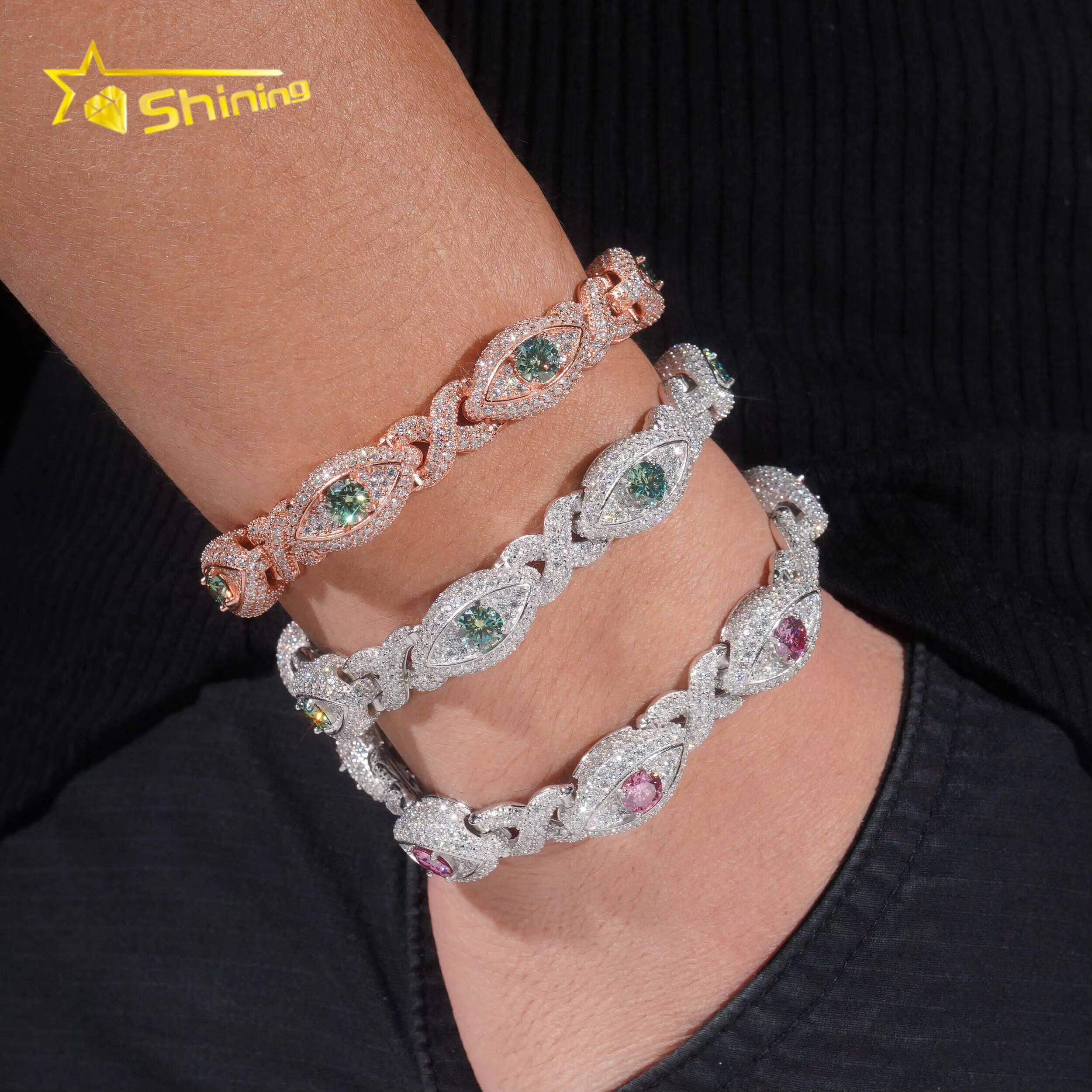 Hot Sale Colorful Moissanite Eye Design Mens Bracelet 925 Sterling Silver Gold Plated Cuban Link Chain Iced Out Bracelet