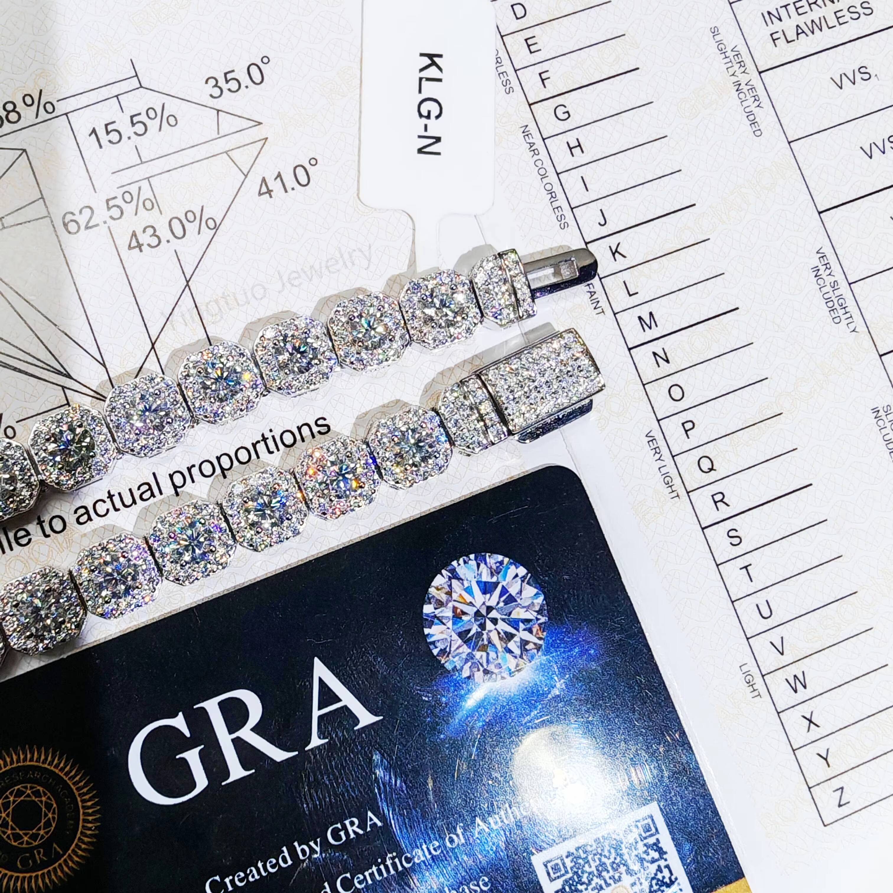 925 Silver Ice Cut D VVS Moissanite Tennis Chain Necklace Bracelet Hiphop Cuban Link Chain with GRA Certification