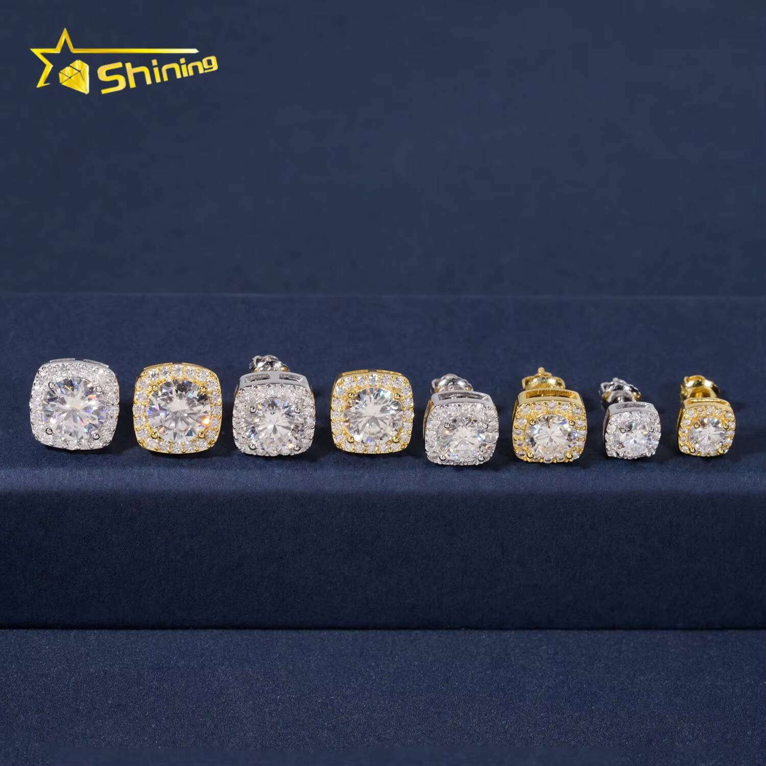 Pass Diamond Tester 925 Silver Screw Back Iced Out 1ct 2ct Hip Hop Halo Square Moissanite Stud Earrings